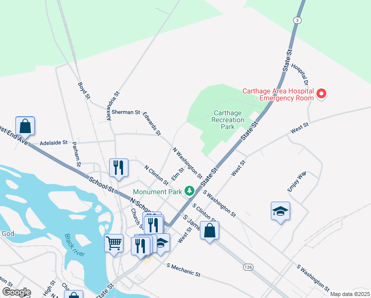 map of restaurants, bars, coffee shops, grocery stores, and more near 220 North Washington Street in Carthage