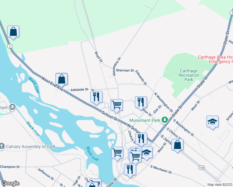 map of restaurants, bars, coffee shops, grocery stores, and more near 722 Alexandria Street in Carthage