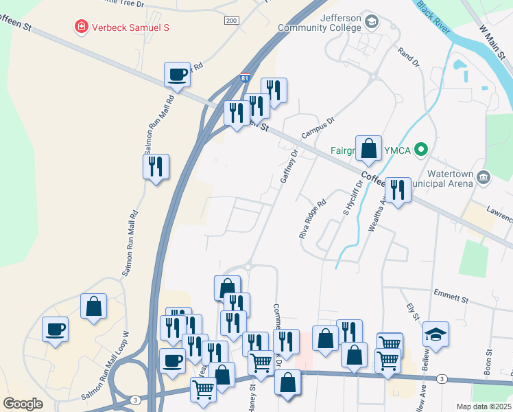 map of restaurants, bars, coffee shops, grocery stores, and more near 1205 Faichney Drive in Watertown