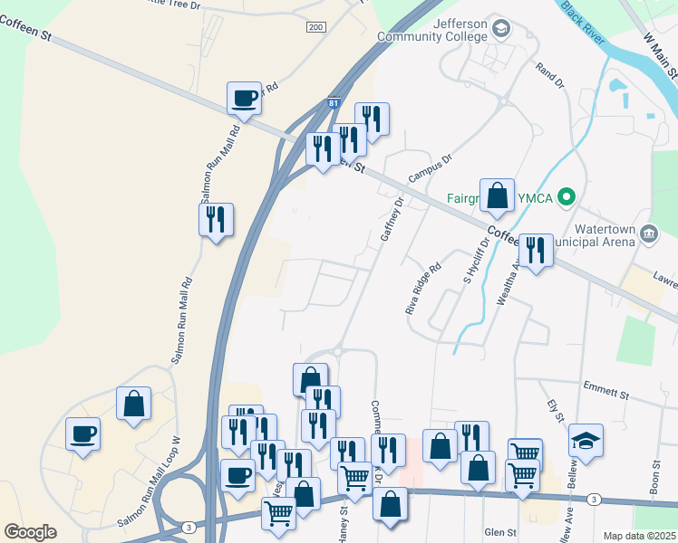 map of restaurants, bars, coffee shops, grocery stores, and more near 1205 Faichney Drive in Watertown
