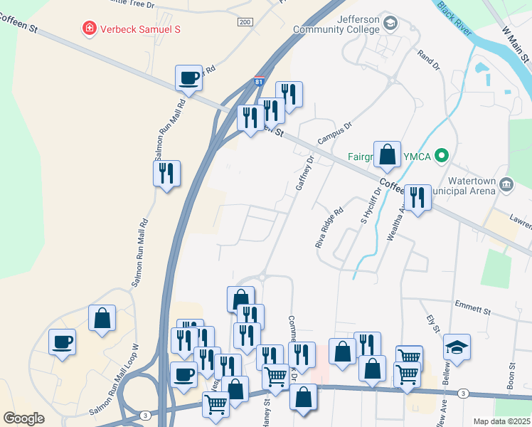 map of restaurants, bars, coffee shops, grocery stores, and more near 1205 Faichney Drive in Watertown