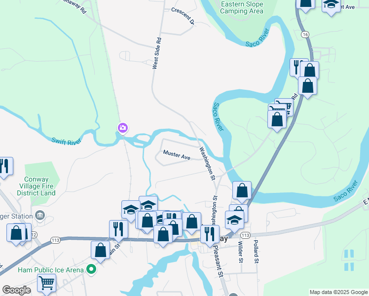 map of restaurants, bars, coffee shops, grocery stores, and more near 206 Hillside Avenue in Conway
