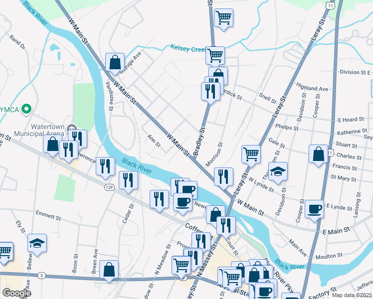 map of restaurants, bars, coffee shops, grocery stores, and more near 730 West Main Street in Watertown