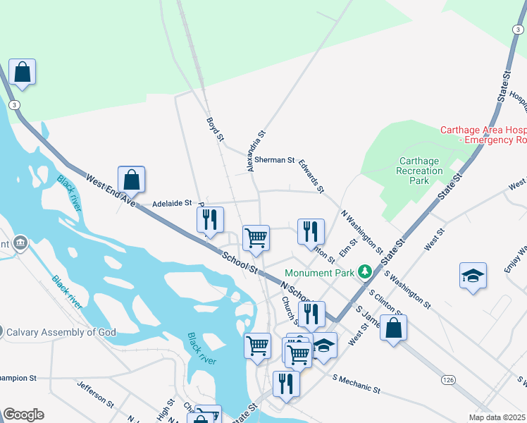 map of restaurants, bars, coffee shops, grocery stores, and more near 722 Alexandria Street in Carthage