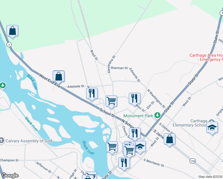 map of restaurants, bars, coffee shops, grocery stores, and more near 722 Alexandria Street in Carthage