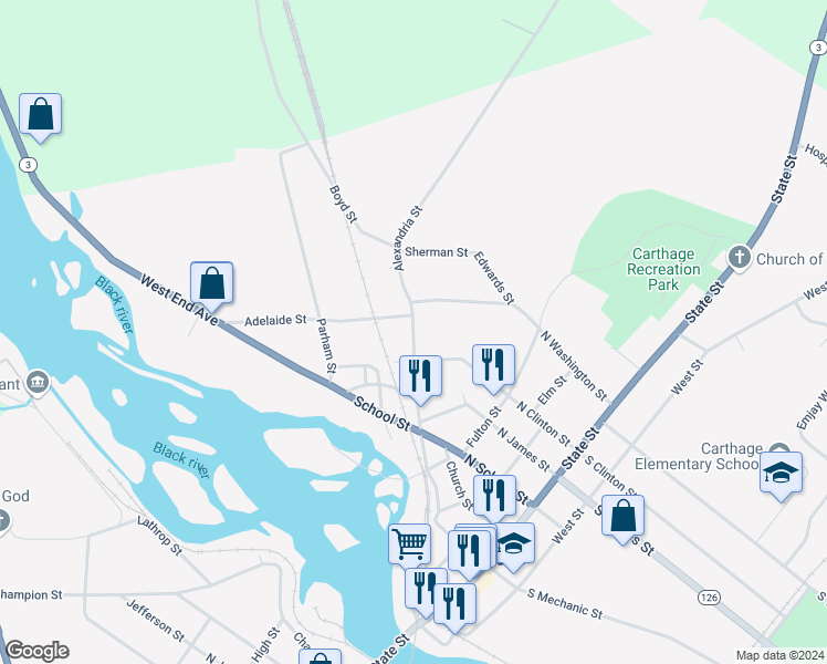 map of restaurants, bars, coffee shops, grocery stores, and more near 719 Alexandria Street in Carthage