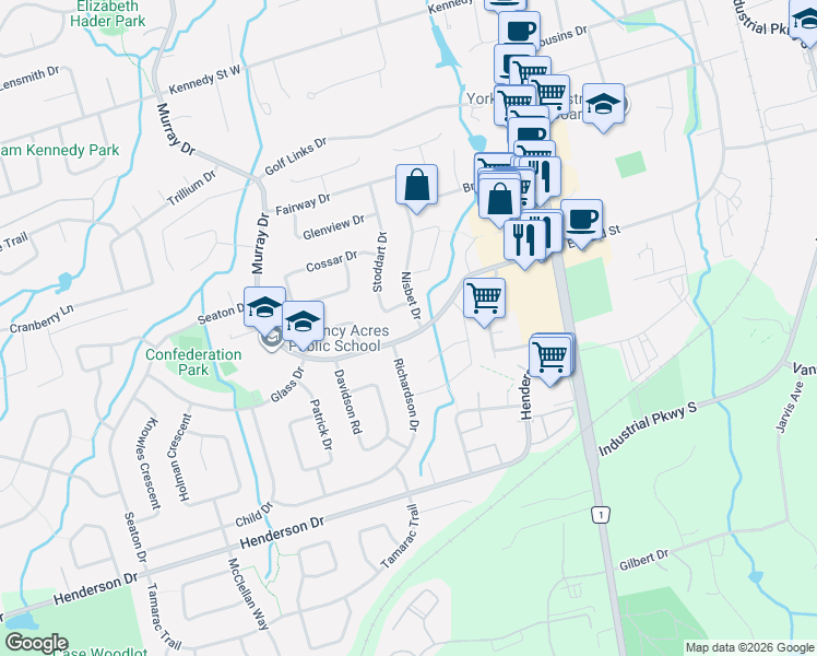 map of restaurants, bars, coffee shops, grocery stores, and more near 72 Murray Drive in Aurora