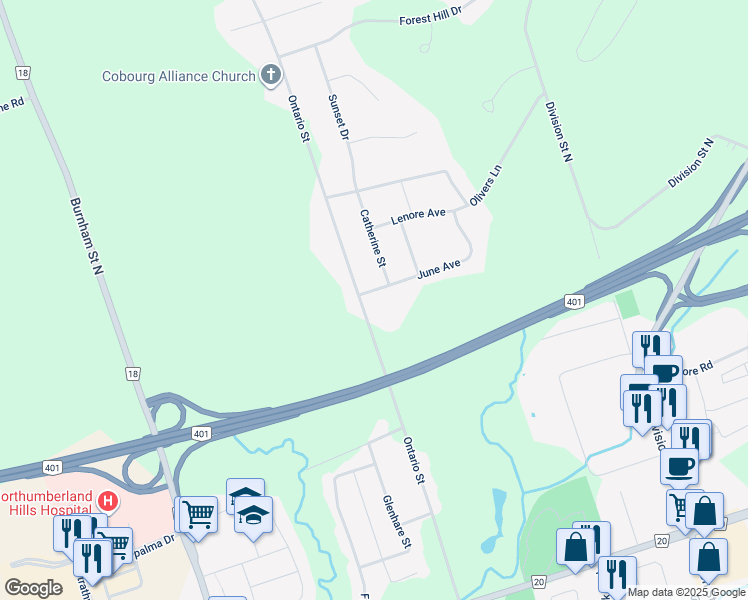 map of restaurants, bars, coffee shops, grocery stores, and more near 1266 Ontario Street in Cobourg