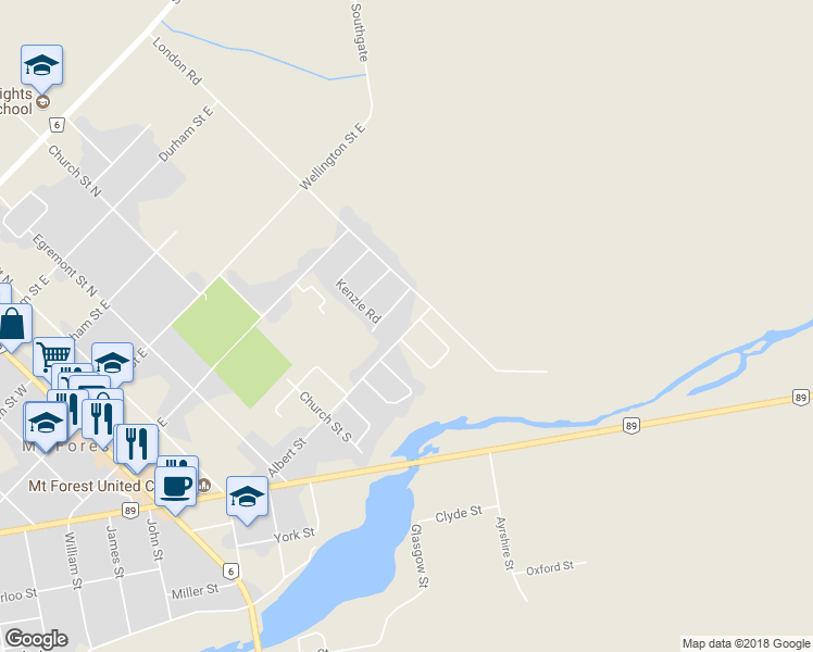 map of restaurants, bars, coffee shops, grocery stores, and more near 705 Albert Street in Mount Forest