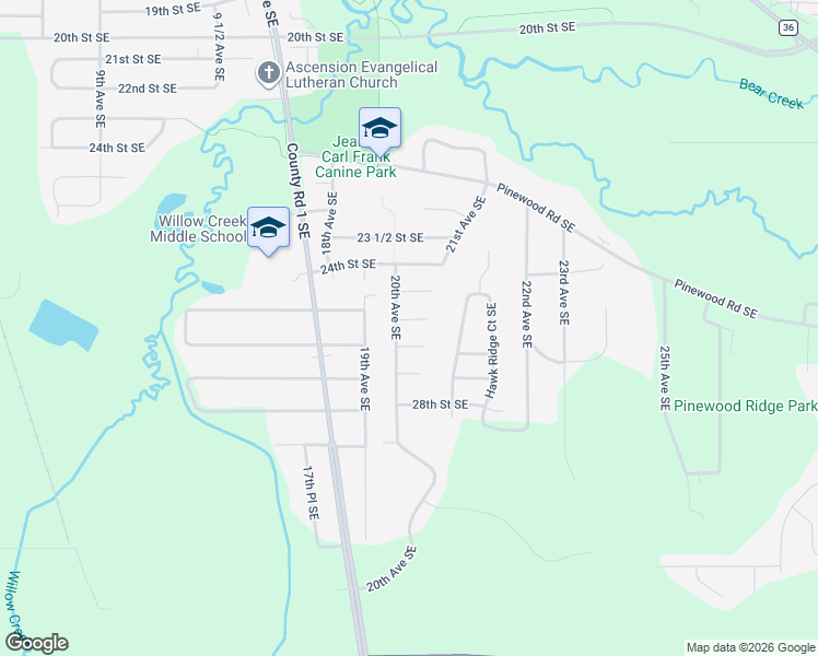 map of restaurants, bars, coffee shops, grocery stores, and more near 2008 25th Street Southeast in Rochester