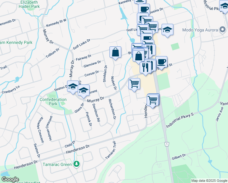 map of restaurants, bars, coffee shops, grocery stores, and more near 72 Murray Drive in Aurora