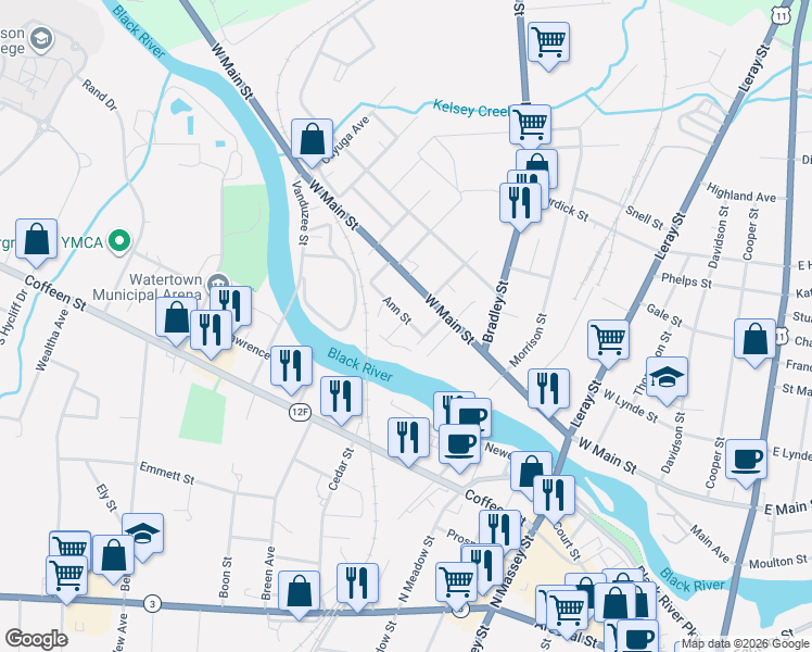 map of restaurants, bars, coffee shops, grocery stores, and more near 465 Martin Street in Watertown