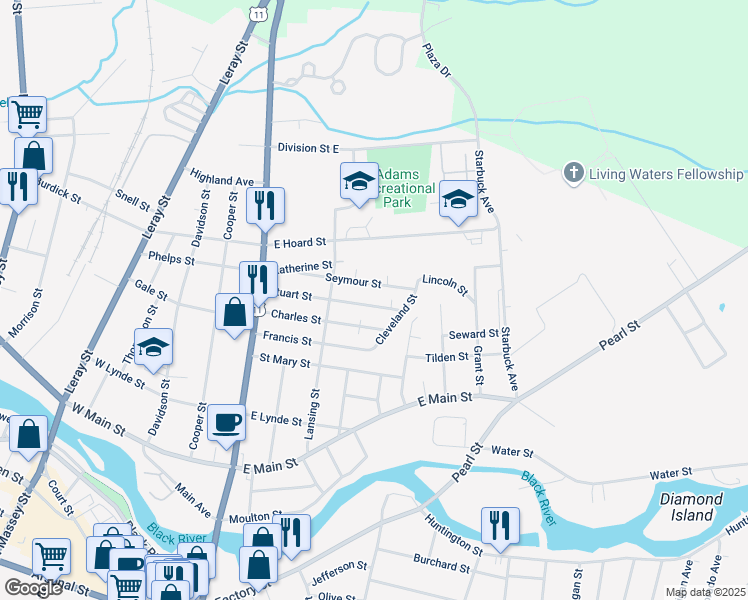 map of restaurants, bars, coffee shops, grocery stores, and more near 237 Stuart Street in Watertown