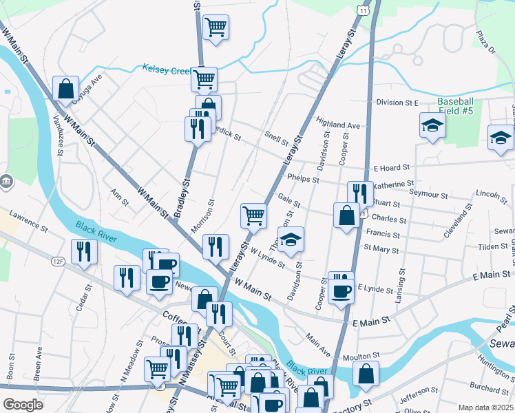 map of restaurants, bars, coffee shops, grocery stores, and more near 679 Leray Street in Watertown
