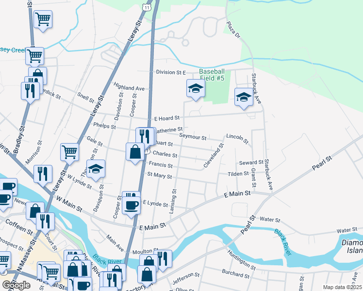 map of restaurants, bars, coffee shops, grocery stores, and more near 739 Lansing Street in Watertown