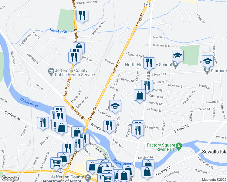 map of restaurants, bars, coffee shops, grocery stores, and more near 669 Thompson Street in Watertown