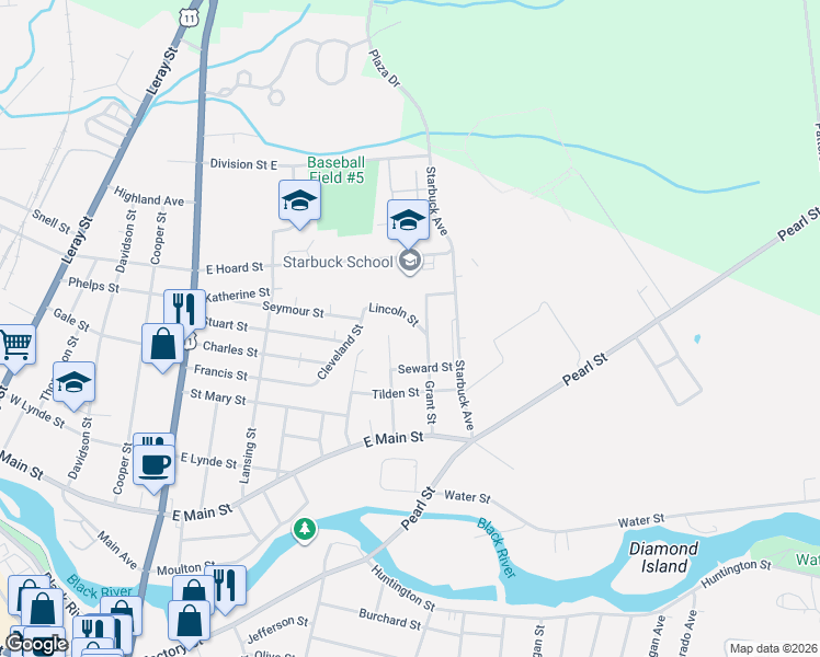 map of restaurants, bars, coffee shops, grocery stores, and more near 426 Lincoln St in Watertown