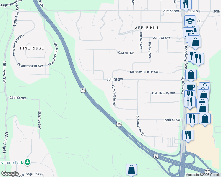 map of restaurants, bars, coffee shops, grocery stores, and more near 2515 Elmcroft Drive Southwest in Rochester
