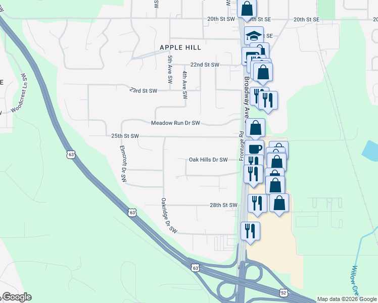 map of restaurants, bars, coffee shops, grocery stores, and more near 2573 Oak Hills Drive Southwest in Rochester