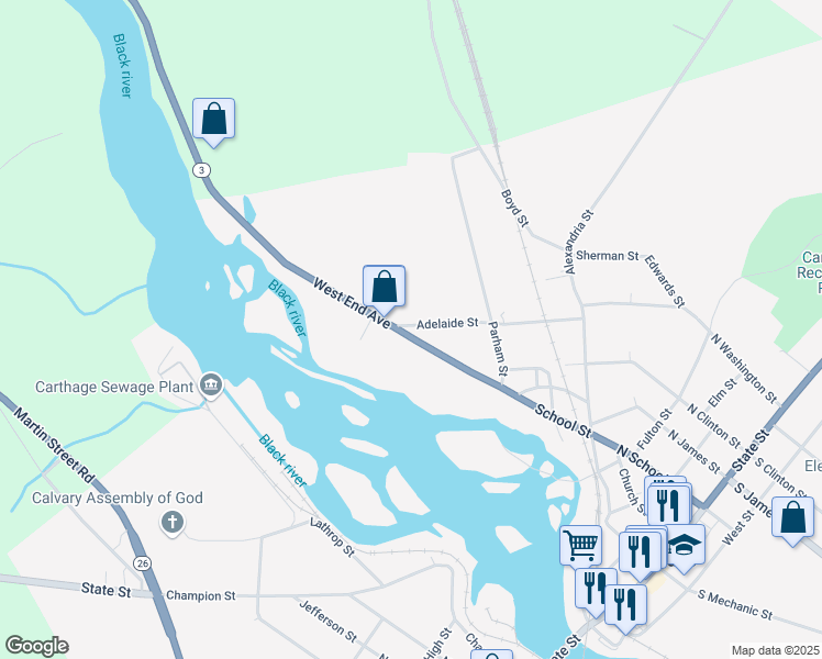 map of restaurants, bars, coffee shops, grocery stores, and more near 684 West End Avenue in Carthage