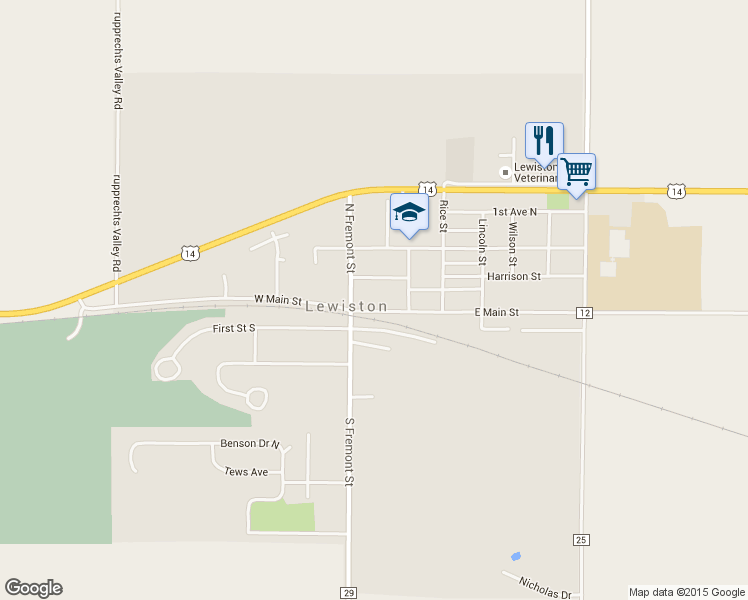 map of restaurants, bars, coffee shops, grocery stores, and more near 80 East Main Street in Lewiston