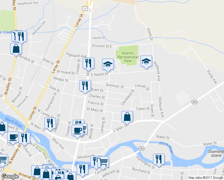 map of restaurants, bars, coffee shops, grocery stores, and more near 211 Stuart Street in Watertown