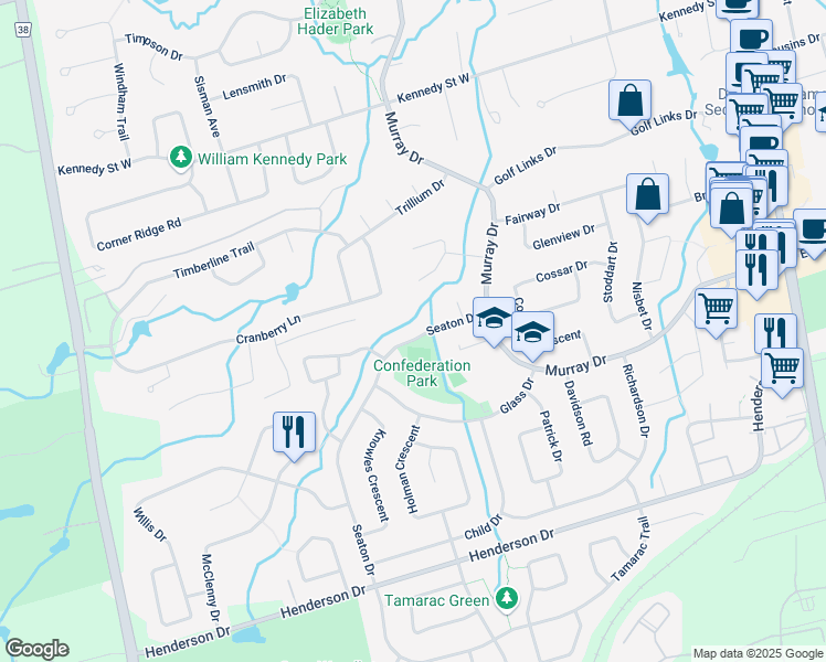 map of restaurants, bars, coffee shops, grocery stores, and more near 94 Seaton Drive in Aurora