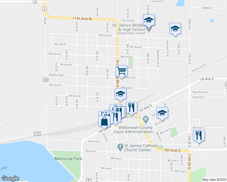 map of restaurants, bars, coffee shops, grocery stores, and more near 415 Armstrong Boulevard North in Saint James