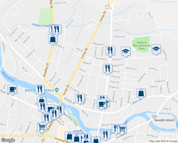 map of restaurants, bars, coffee shops, grocery stores, and more near 302 Gale St in Watertown