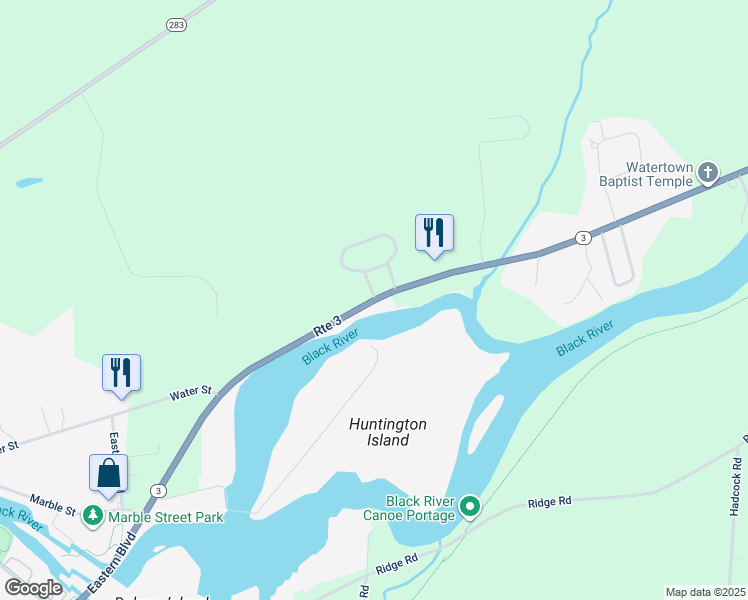 map of restaurants, bars, coffee shops, grocery stores, and more near 25451 New York 3 in Watertown