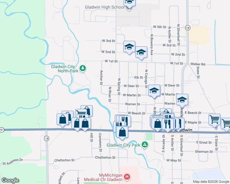 map of restaurants, bars, coffee shops, grocery stores, and more near 800 West Martin Street in Gladwin