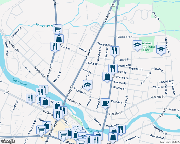 map of restaurants, bars, coffee shops, grocery stores, and more near 302 Gale Street in Watertown