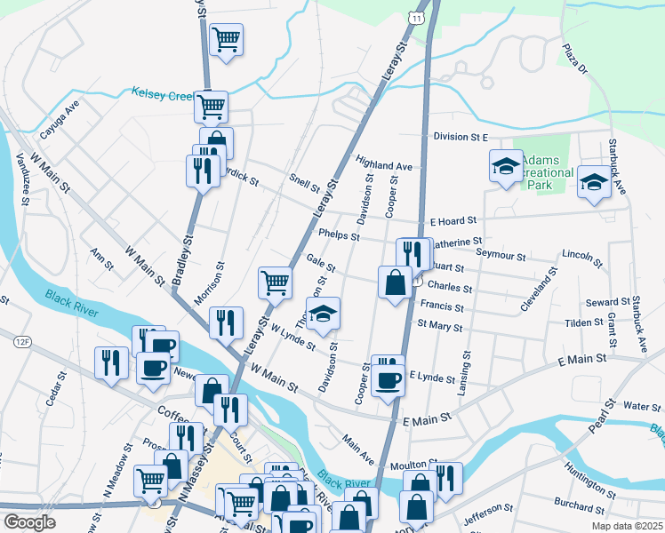 map of restaurants, bars, coffee shops, grocery stores, and more near 302 Gale Street in Watertown