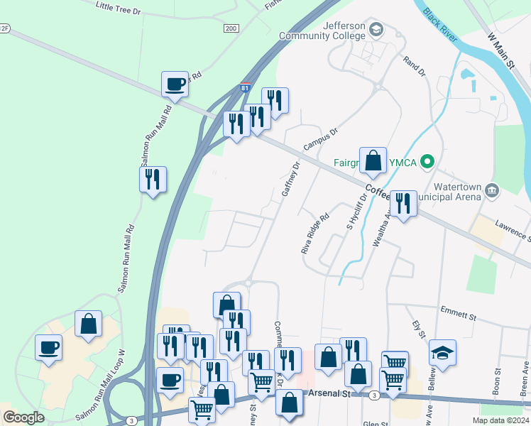 map of restaurants, bars, coffee shops, grocery stores, and more near 1205 Faichney Drive in Watertown