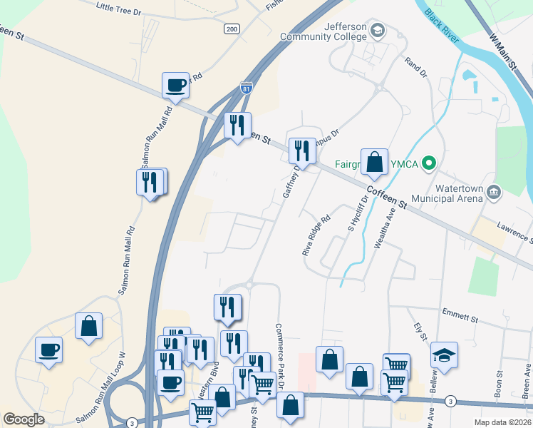 map of restaurants, bars, coffee shops, grocery stores, and more near 385 Gaffney Drive in Watertown