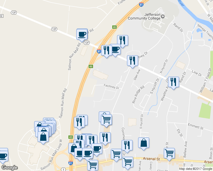 map of restaurants, bars, coffee shops, grocery stores, and more near 1229 Faichney Drive in Watertown