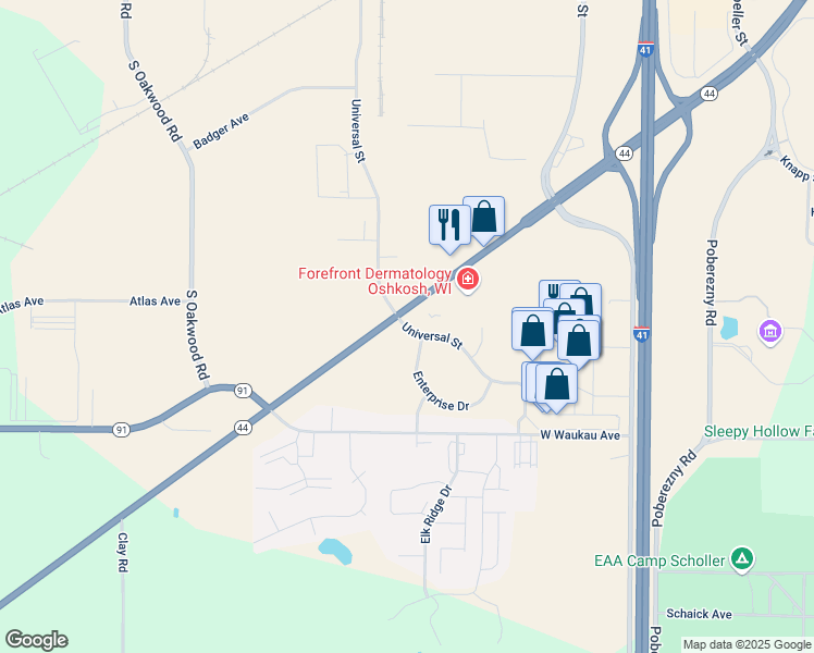 map of restaurants, bars, coffee shops, grocery stores, and more near 2900 Universal Street in Oshkosh