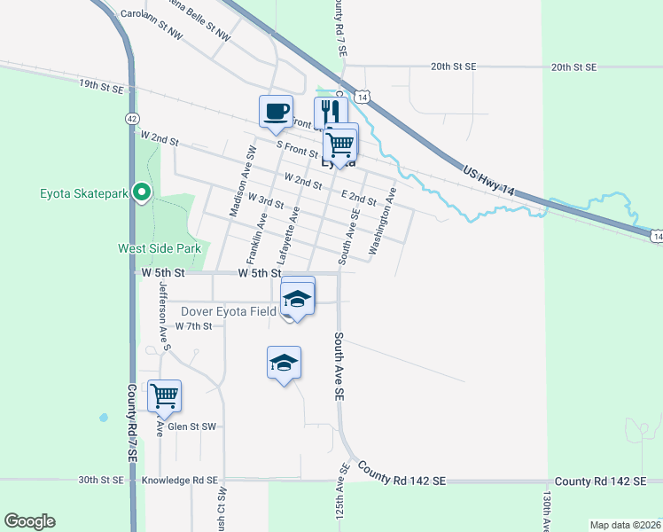 map of restaurants, bars, coffee shops, grocery stores, and more near 510 County Road 142 in Eyota