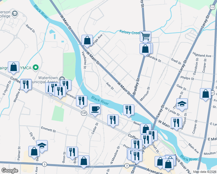map of restaurants, bars, coffee shops, grocery stores, and more near 465 Martin Street in Watertown