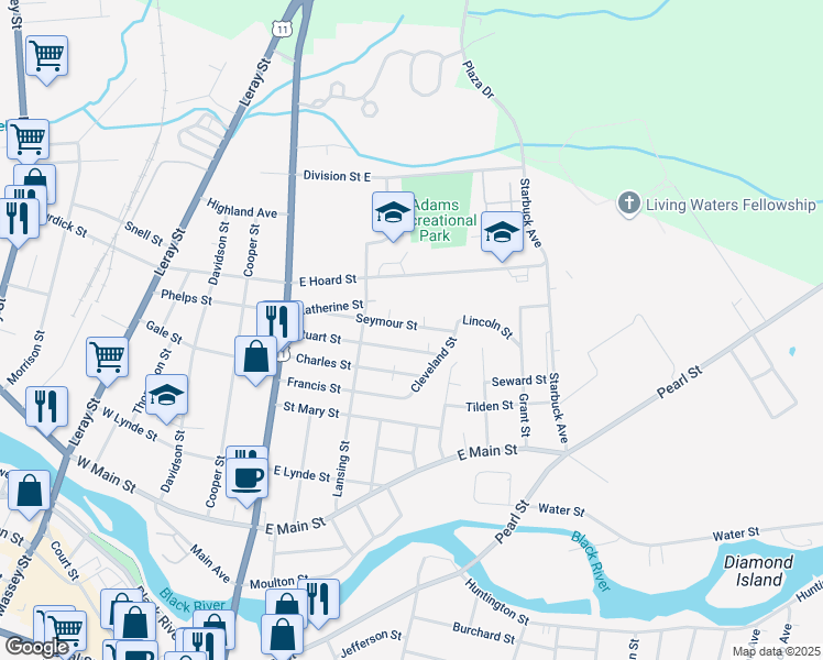 map of restaurants, bars, coffee shops, grocery stores, and more near 238 Seymour Street in Watertown
