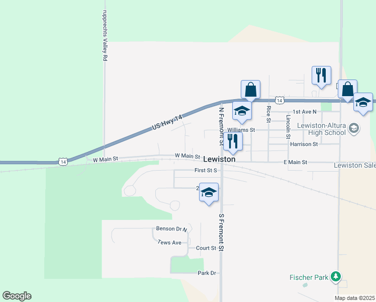 map of restaurants, bars, coffee shops, grocery stores, and more near 120 West Main Street in Lewiston