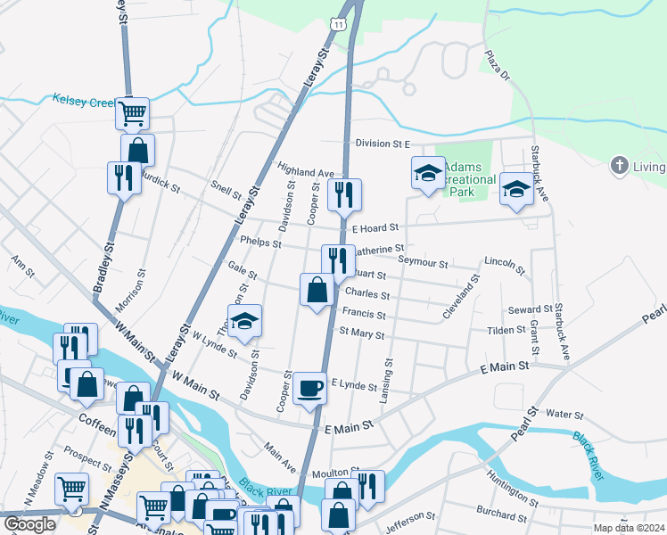map of restaurants, bars, coffee shops, grocery stores, and more near 729 Mill Street in Watertown
