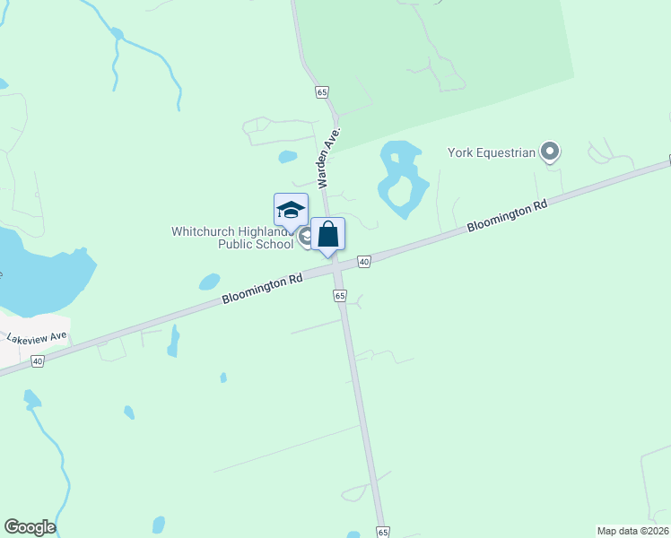 map of restaurants, bars, coffee shops, grocery stores, and more near Warden Ave & Bloomington Rd in Whitchurch-Stouffville