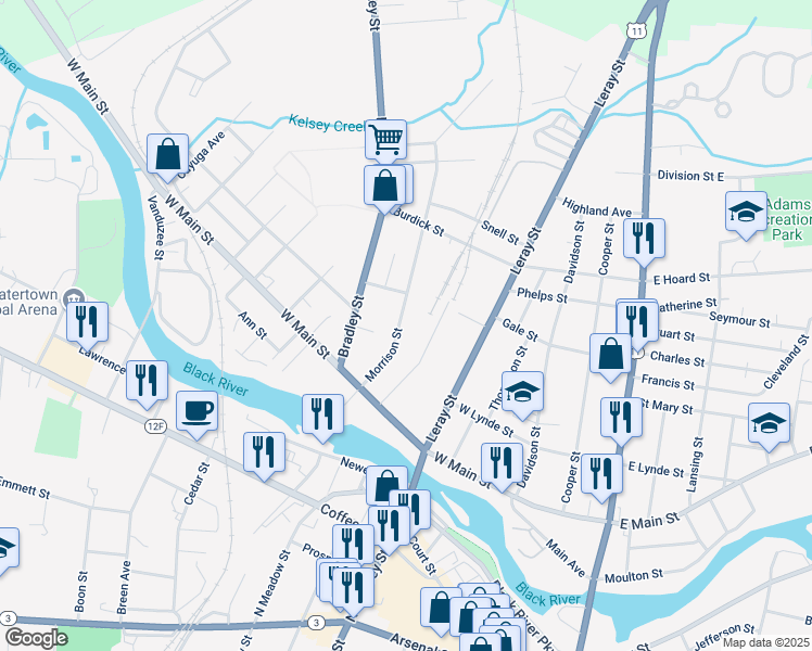 map of restaurants, bars, coffee shops, grocery stores, and more near 562 Morrison Street in Watertown