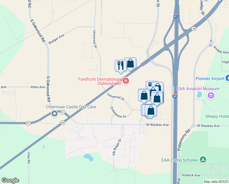 map of restaurants, bars, coffee shops, grocery stores, and more near 2900 Universal Street in Oshkosh