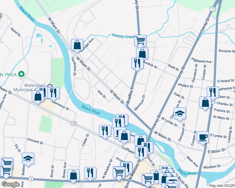 map of restaurants, bars, coffee shops, grocery stores, and more near 760 West Main Street in Watertown