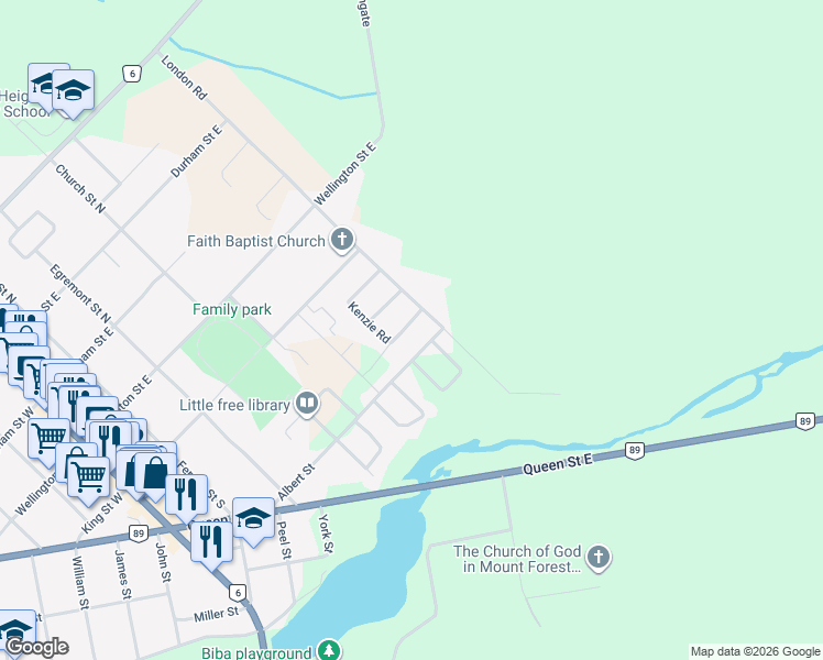 map of restaurants, bars, coffee shops, grocery stores, and more near 705 Albert Street in Mount Forest