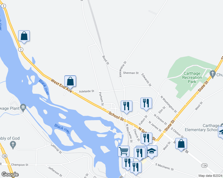 map of restaurants, bars, coffee shops, grocery stores, and more near 538 Adelaide Street in Carthage
