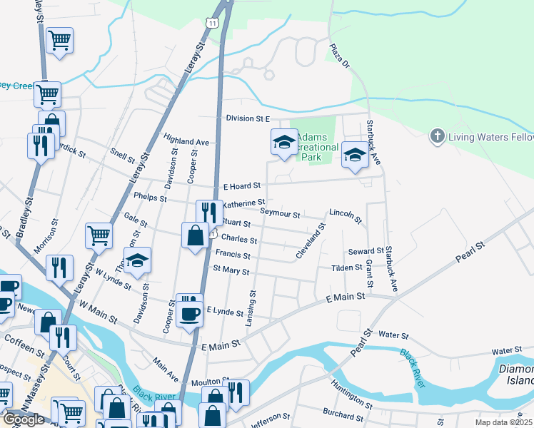 map of restaurants, bars, coffee shops, grocery stores, and more near 750 Lansing Street in Watertown