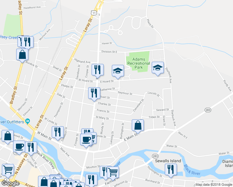 map of restaurants, bars, coffee shops, grocery stores, and more near 150 Seymour Street in Watertown